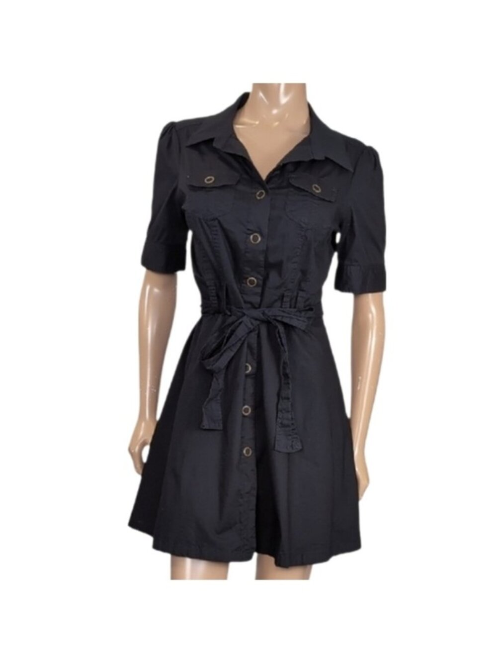 Vintage Smart Set Black Shirt Dress Womens Junior Size 11 Belted Short Sleeve